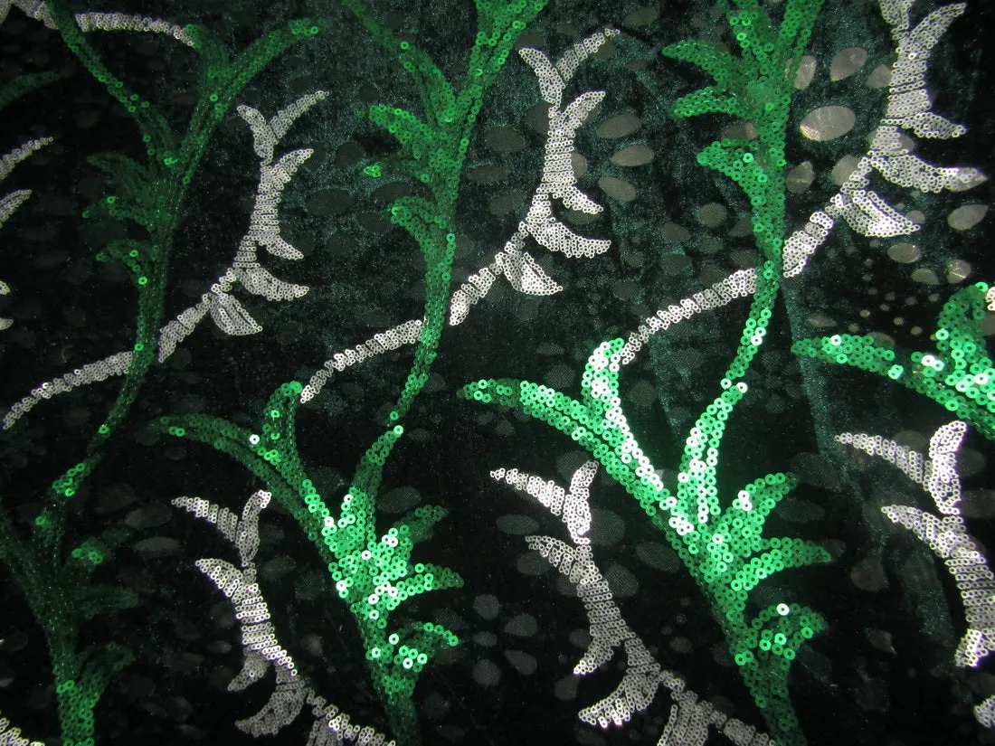 SEQUENCE with Net and Velvet, green and silver cut work embroidery 58" Wide [10527]