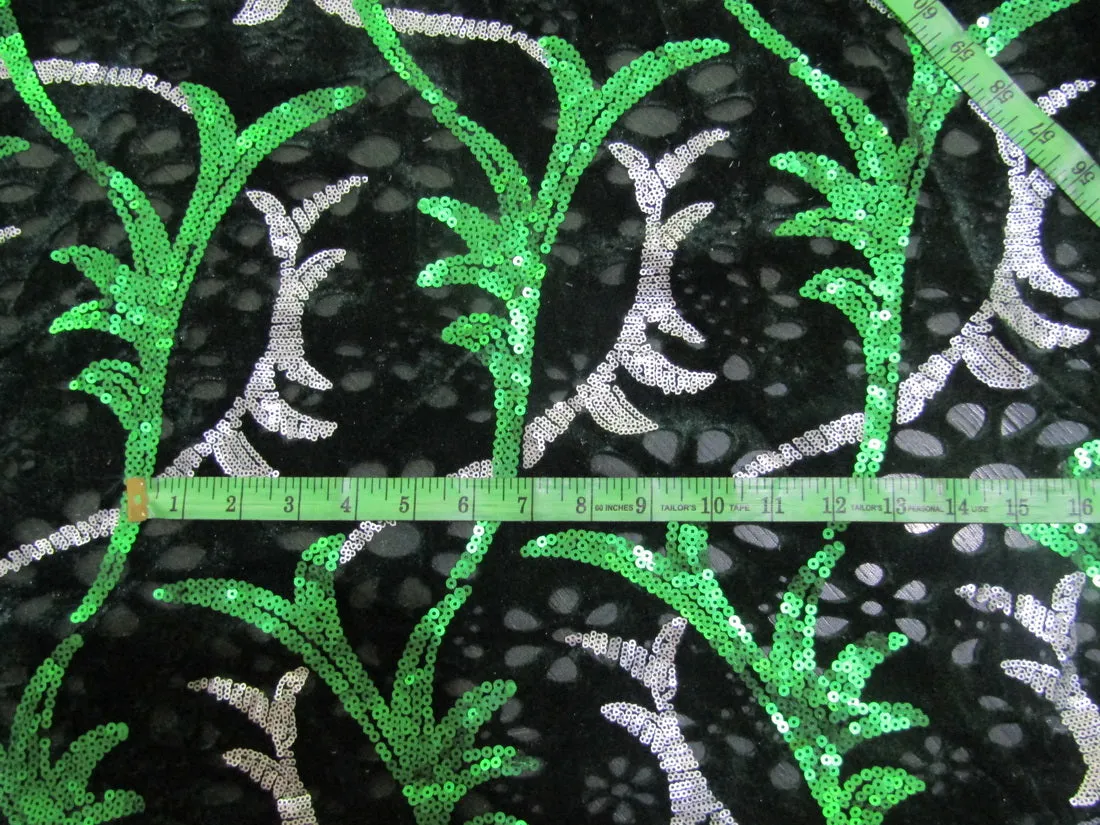 SEQUENCE with Net and Velvet, green and silver cut work embroidery 58" Wide [10527]