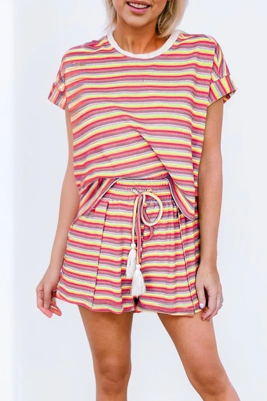 Stripe Crew Neck Tee and Drawstring Shorts Set