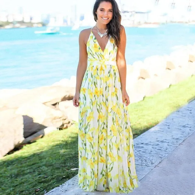 V-Neck Sleeveless Floral Print  Maxi Dress