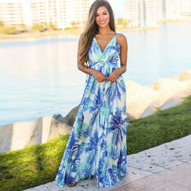 V-Neck Sleeveless Floral Print  Maxi Dress