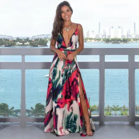 V-Neck Sleeveless Floral Print  Maxi Dress