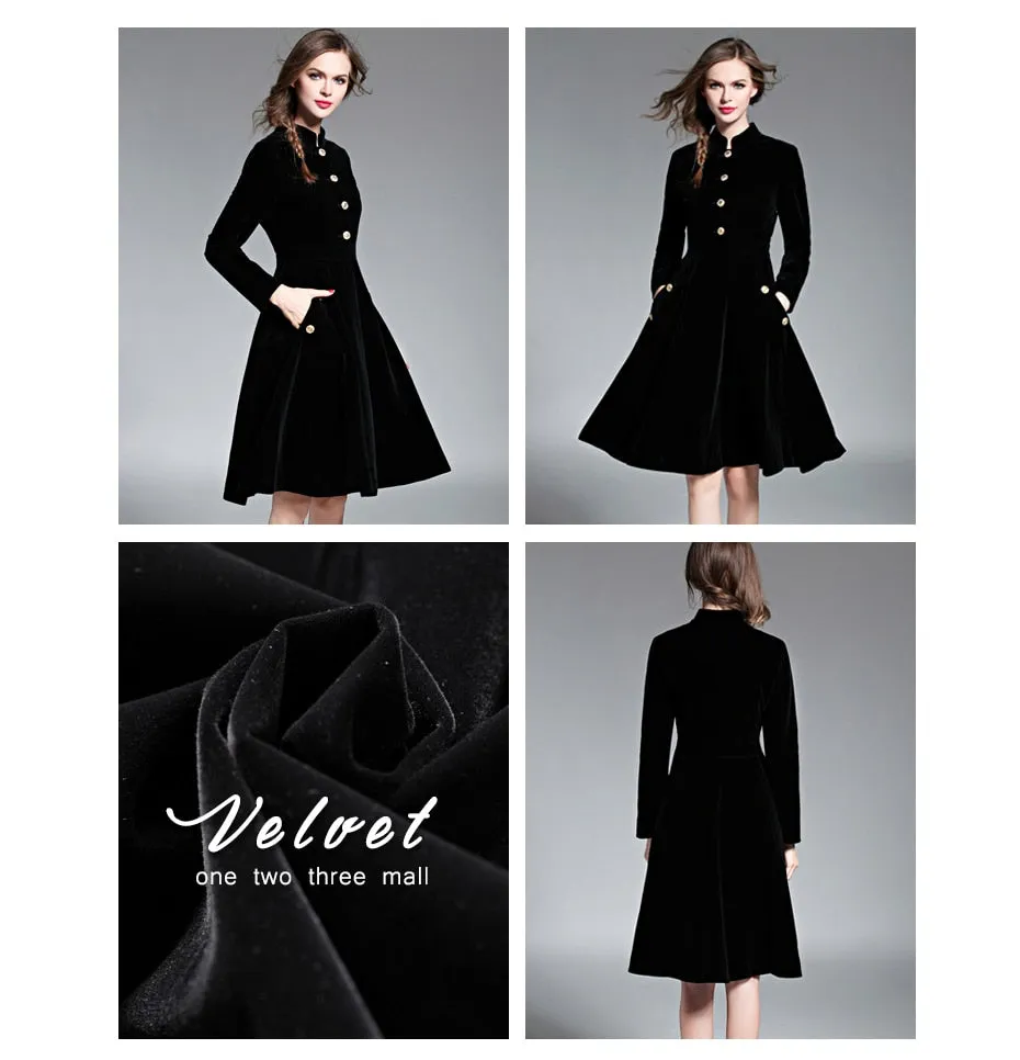 VenusFox Plus Size Winter Black Velvet Women Vintage Long Sleeves Dress