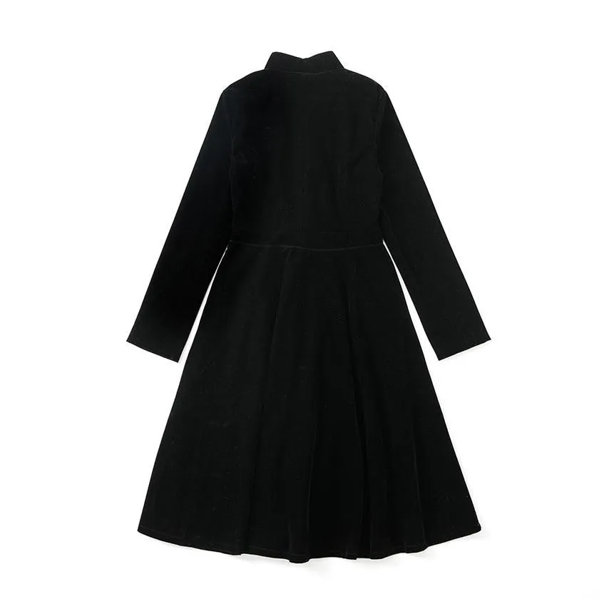 VenusFox Plus Size Winter Black Velvet Women Vintage Long Sleeves Dress