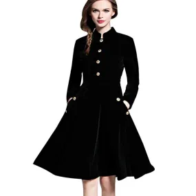 VenusFox Plus Size Winter Black Velvet Women Vintage Long Sleeves Dress