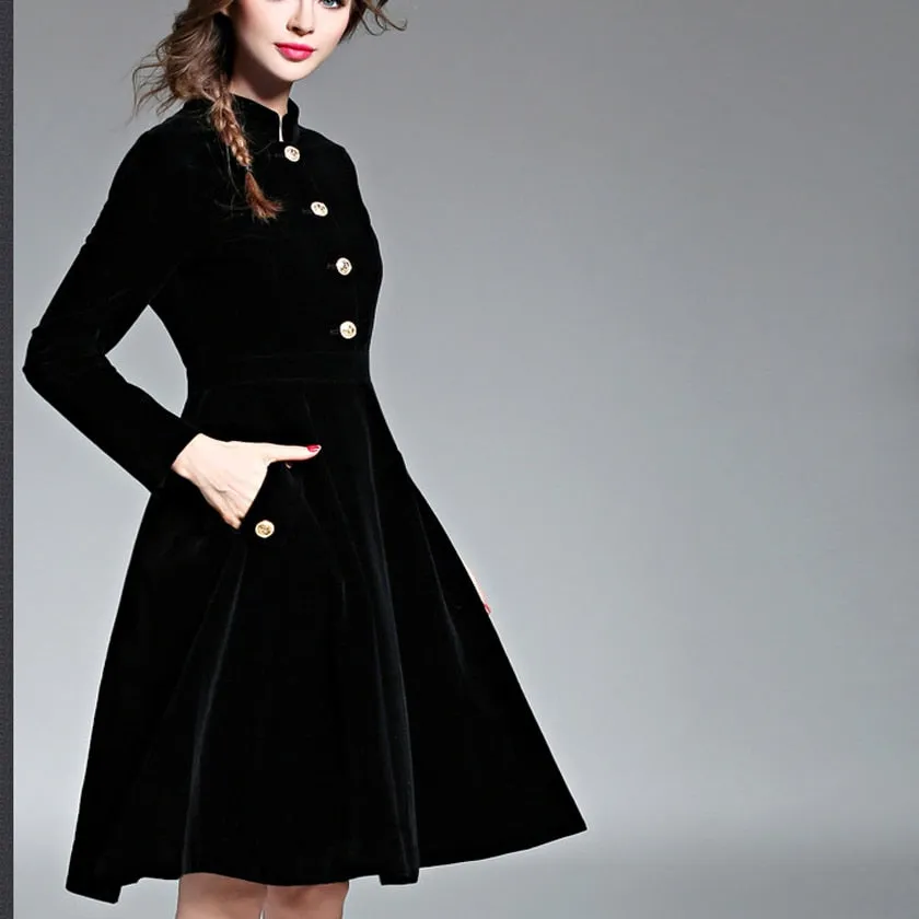 VenusFox Plus Size Winter Black Velvet Women Vintage Long Sleeves Dress