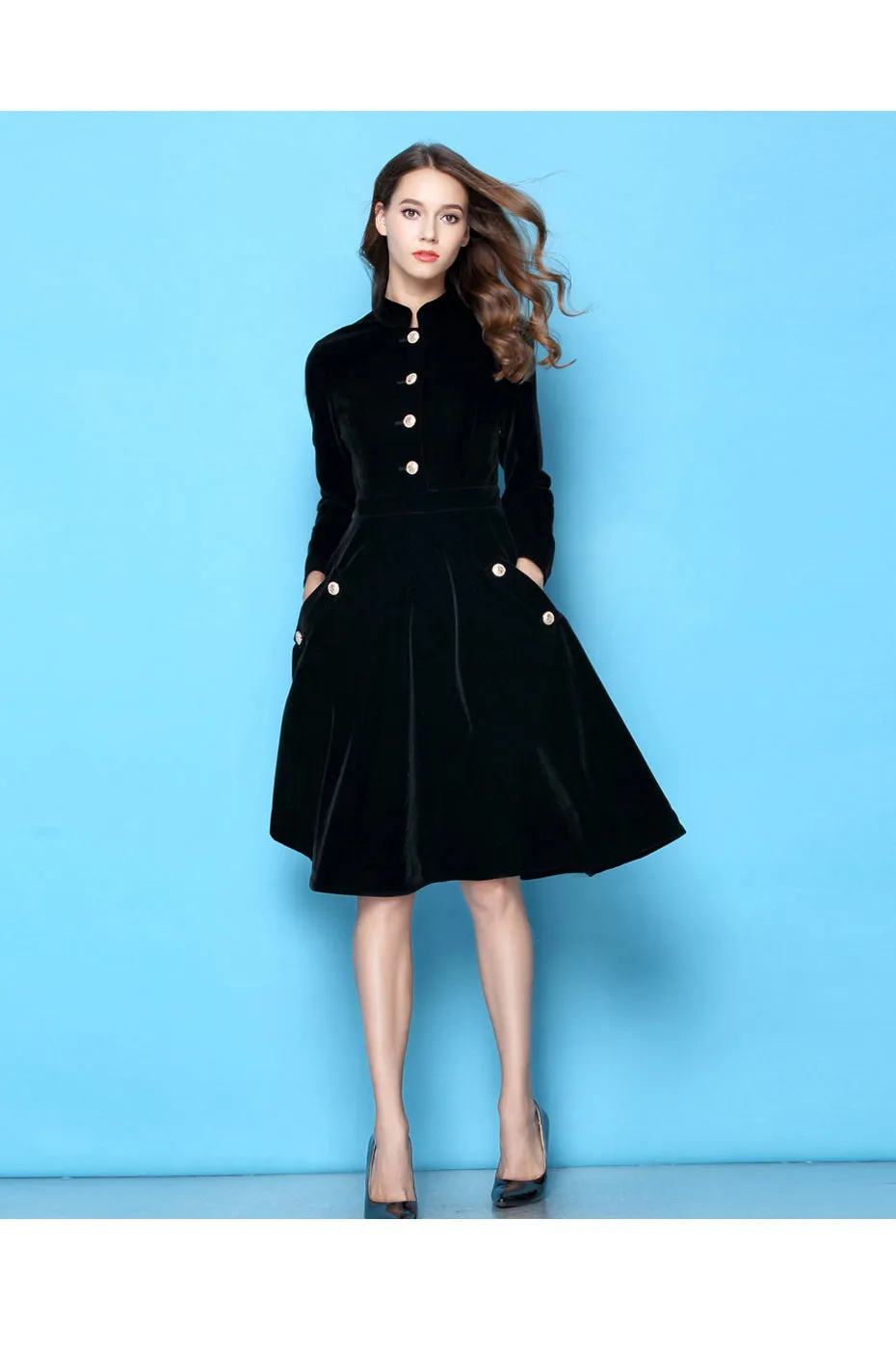 VenusFox Plus Size Winter Black Velvet Women Vintage Long Sleeves Dress