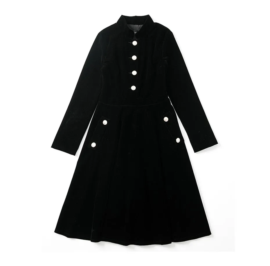 VenusFox Plus Size Winter Black Velvet Women Vintage Long Sleeves Dress