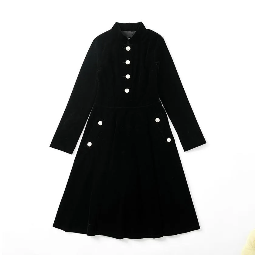 VenusFox Plus Size Winter Black Velvet Women Vintage Long Sleeves Dress